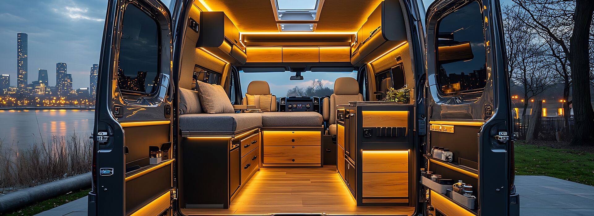 Interior of a luxury chauffeur van with leather seats and warm lighting