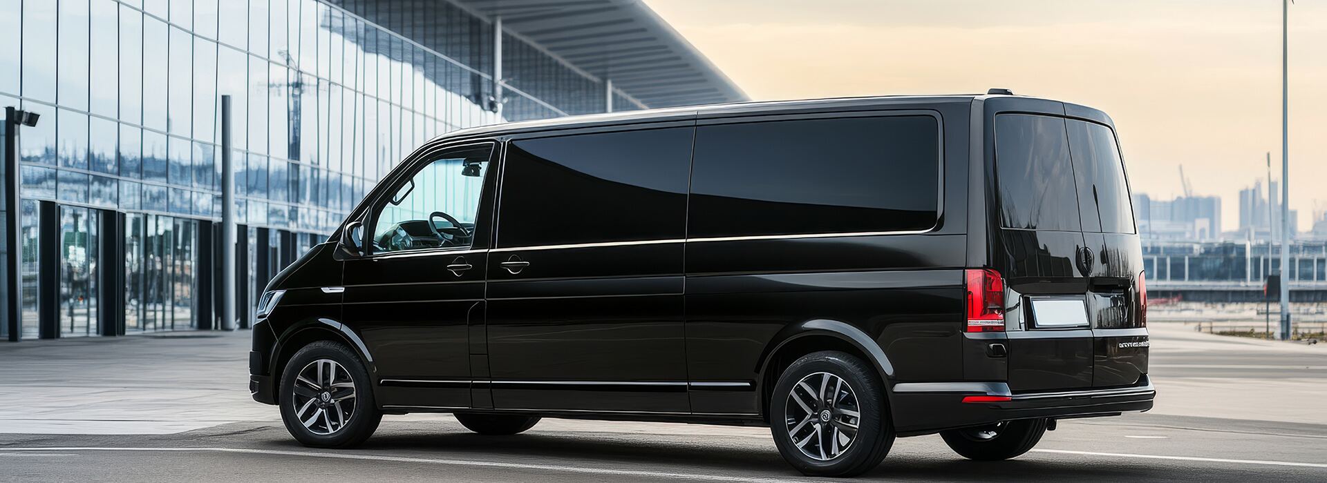 Black luxury chauffeur van parked outside an airport terminal