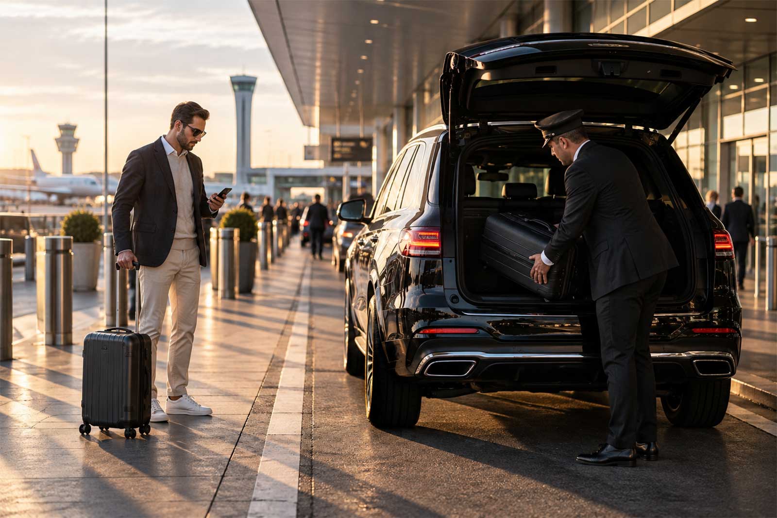 Chauffeur loading a suitcase into a black SUV at an airport departures kerb