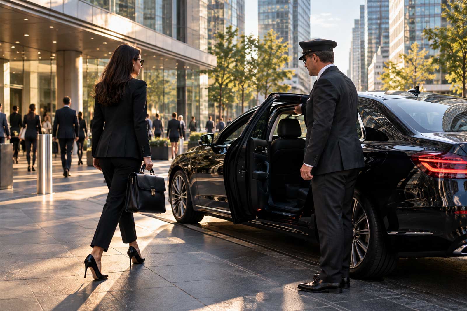 Black executive sedan collecting a businesswoman outside a city office tower