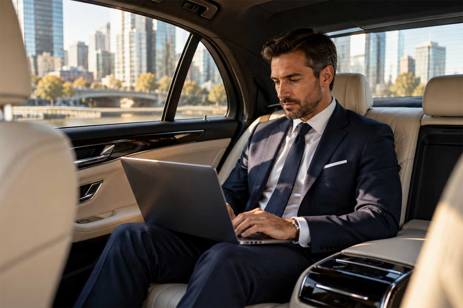 Executive working on a laptop in the rear seat of a chauffeur-driven sedan