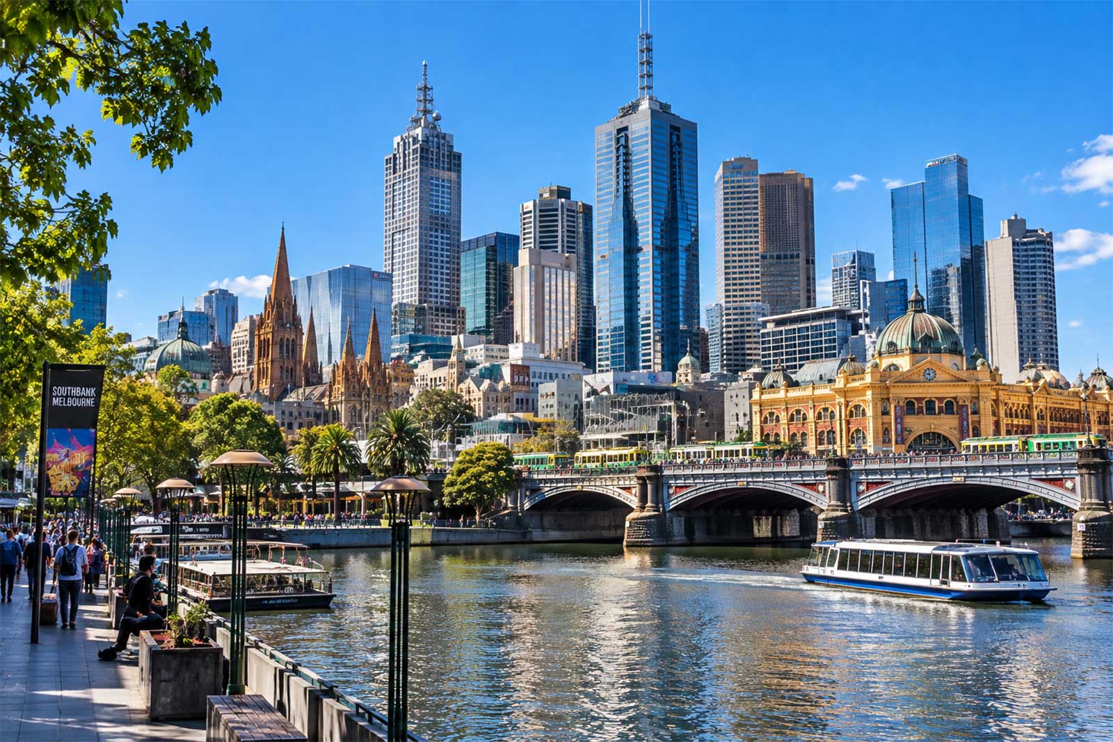Melbourne CBD skyline across the Yarra River from Southbank
