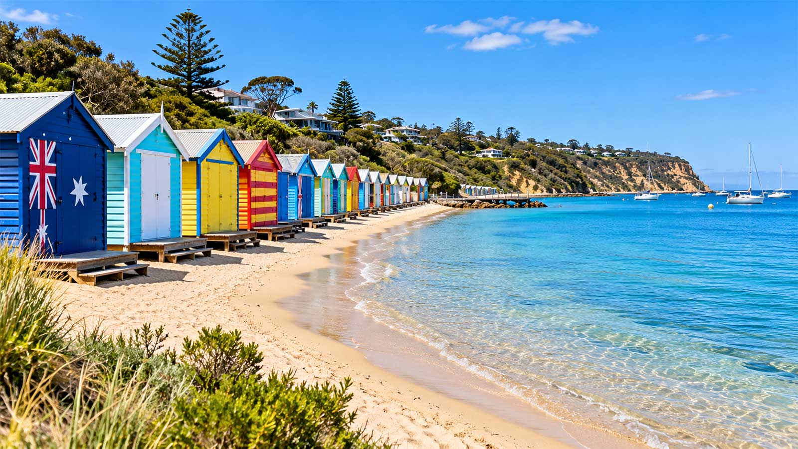 Colourful bathing boxes on a Mornington Peninsula beach
