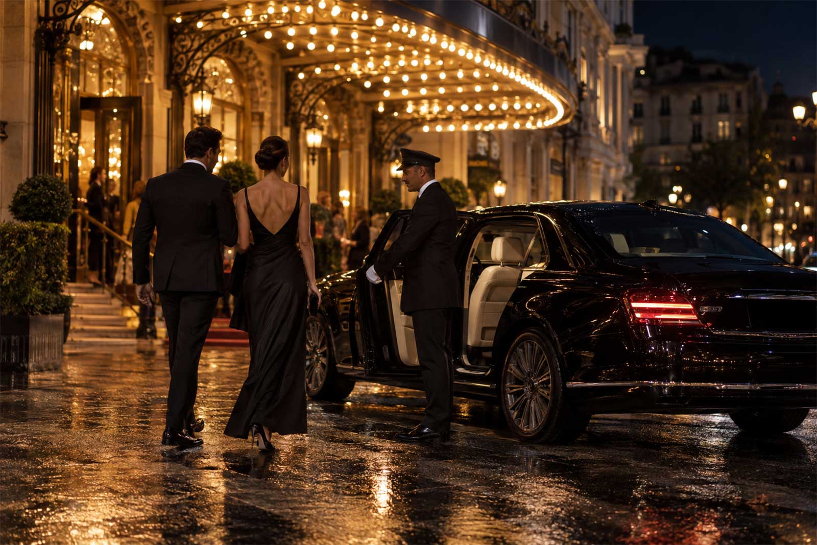 Couple in evening wear walking to a waiting chauffeur car outside a theatre at night