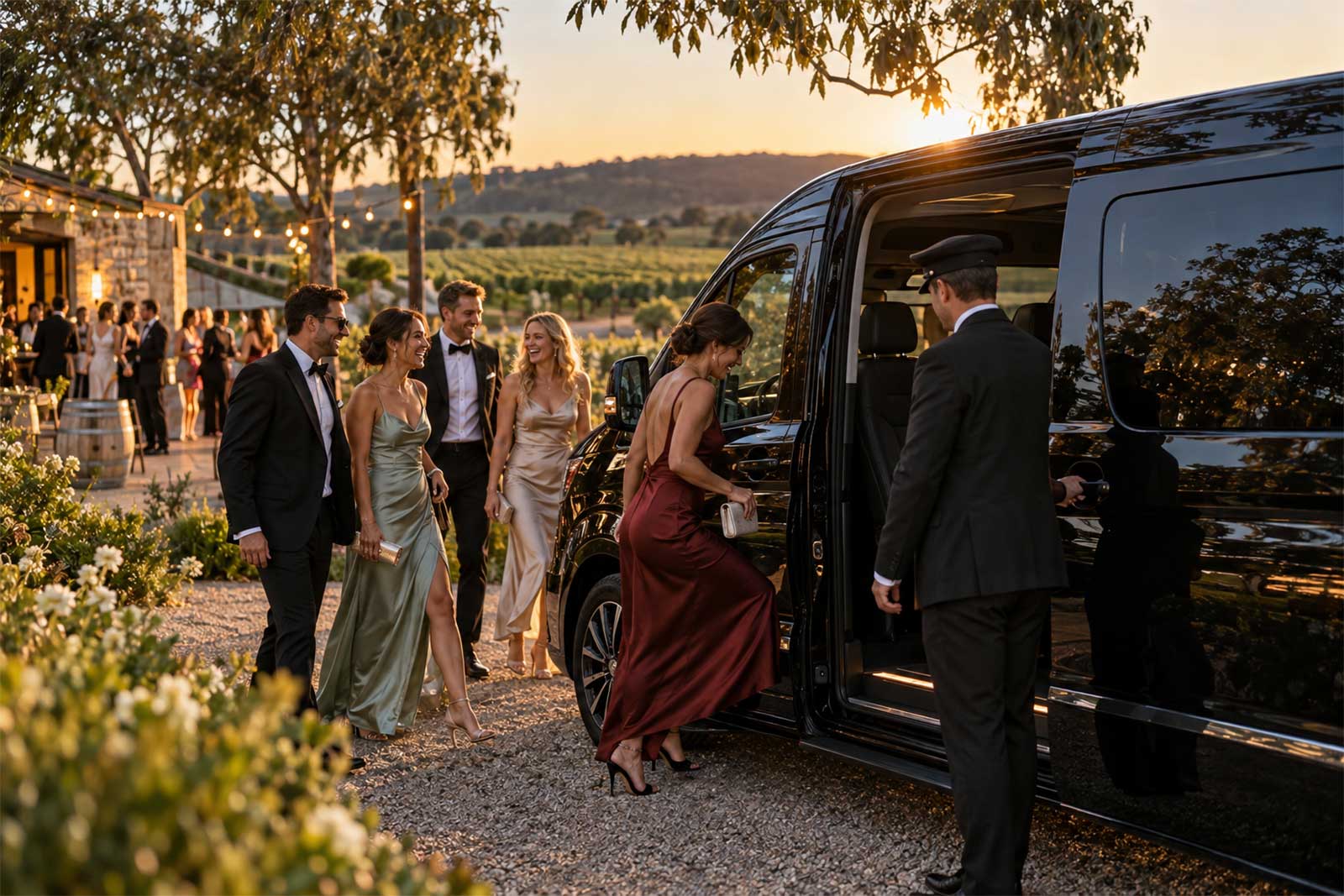 Wedding guests boarding a black luxury van outside a winery venue at sunset