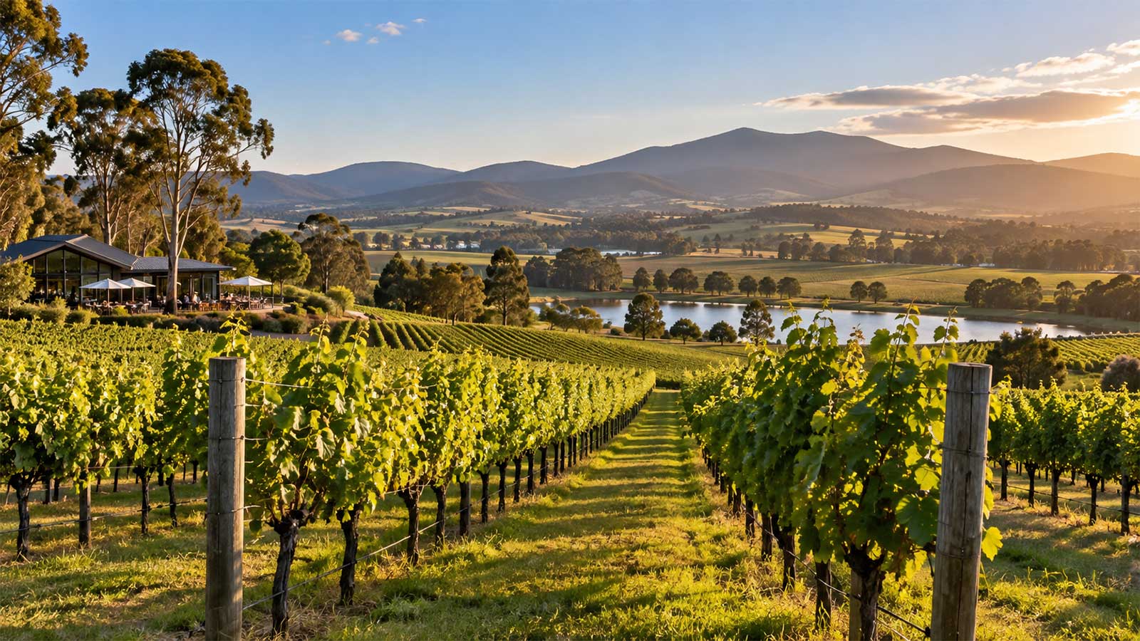 Vineyard rows in the Yarra Valley with hills in the distance