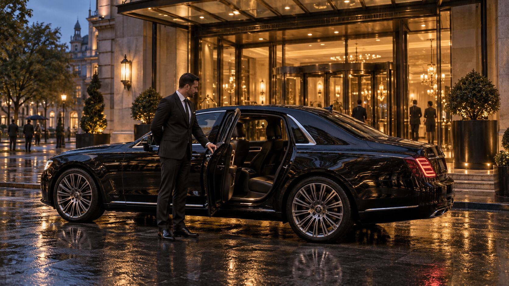 Chauffeur opening the rear door of a black luxury sedan in Melbourne