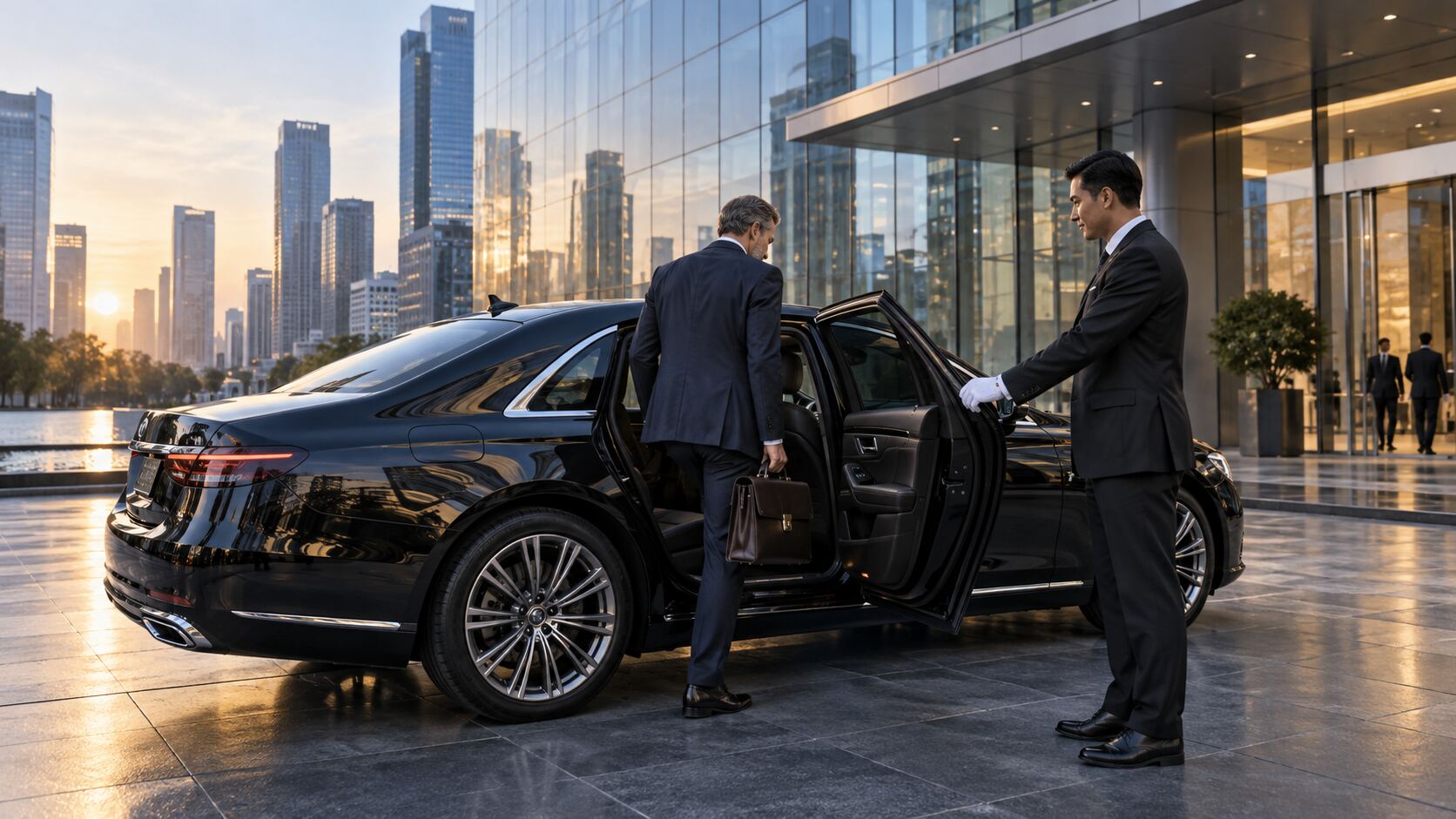 Executive entering a chauffeur-driven sedan in Melbourne's CBD