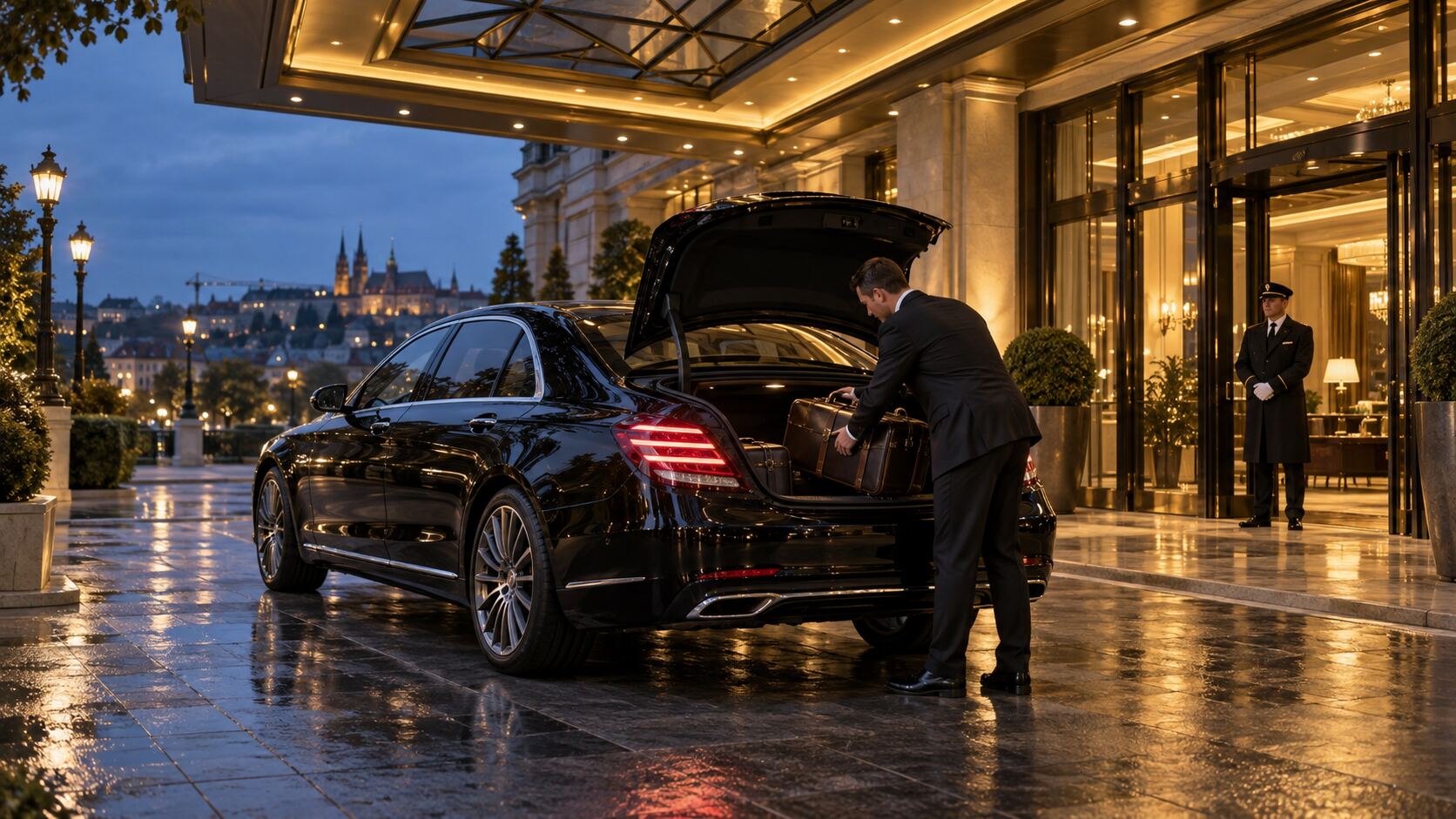 Chauffeur opening the rear door of a luxury sedan outside a Melbourne hotel