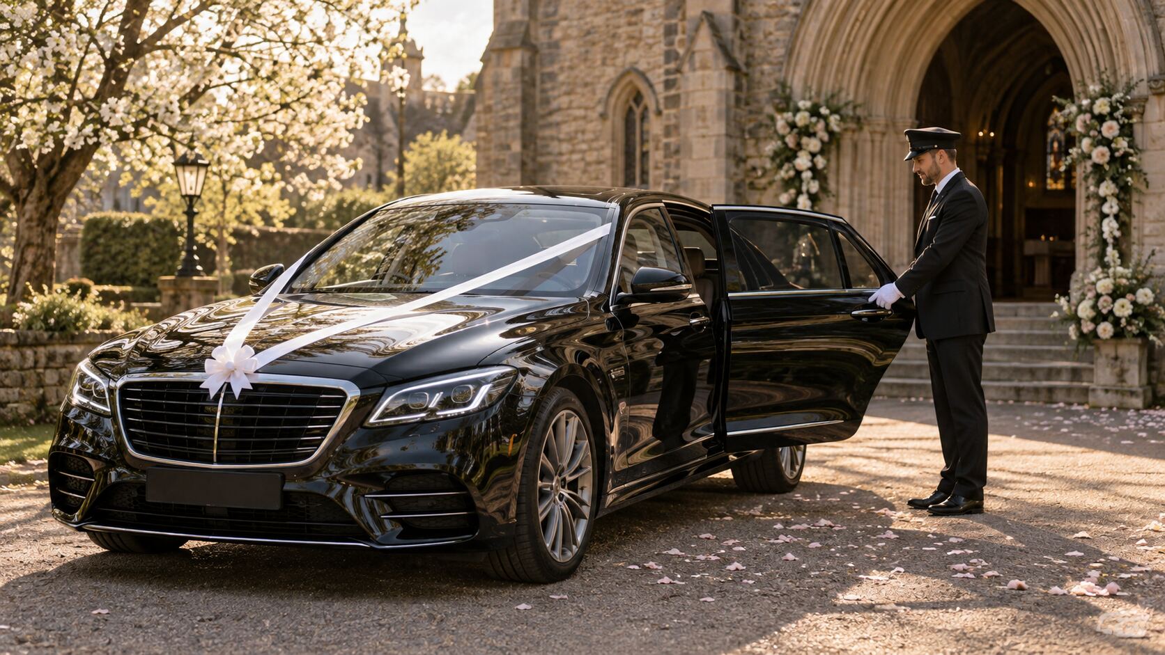 Wedding chauffeur car with ribbons outside a Melbourne wedding venue