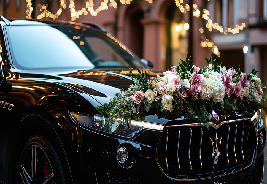 Black wedding car decorated with white and pink roses outside a Melbourne venue